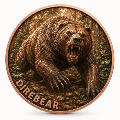 Custom die-cast metal coin with engraved dire-bear design