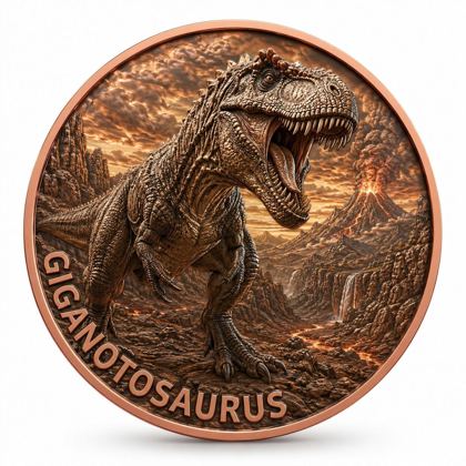 Metal coin, dinosaur relief design